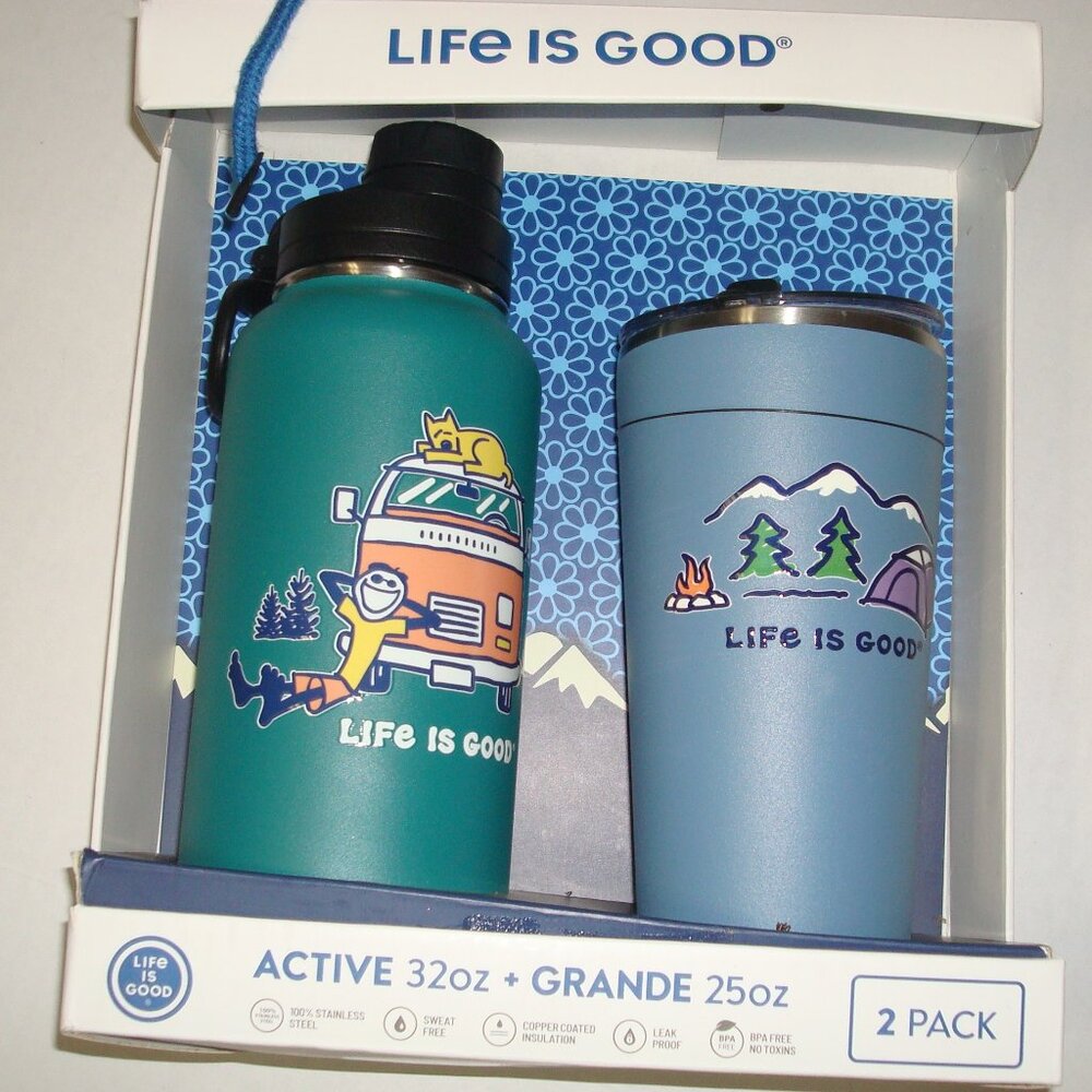 New Blue Life Is Good 2 Pack Camping Van Dog active 32  25 oz stainless steel